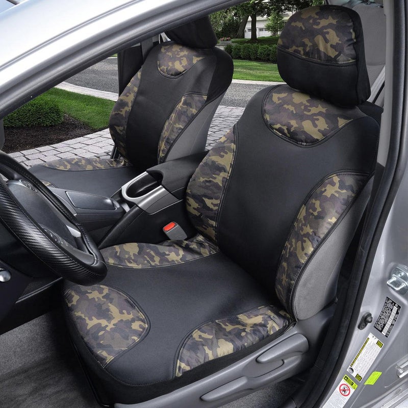 BDK Waterproof Camo Seat Covers for Car Truck Van SUV, 2 Pack â€“ Two-Tone Black & Camouflage, Durable Neoprene Seat Protectors, Sideless Design Compatible with Armrests and Airbags - Image 3